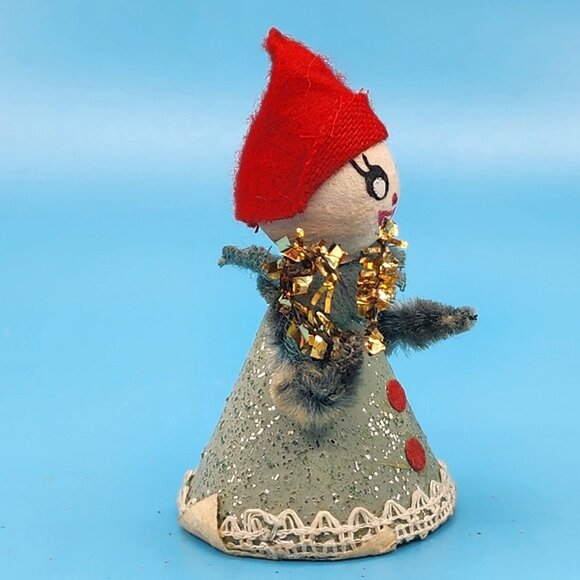 1950s Putz Elf Ornament Tinsel Brush Tree Chenille Arms Mica Felt Hat Japan - Picture 5 of 7